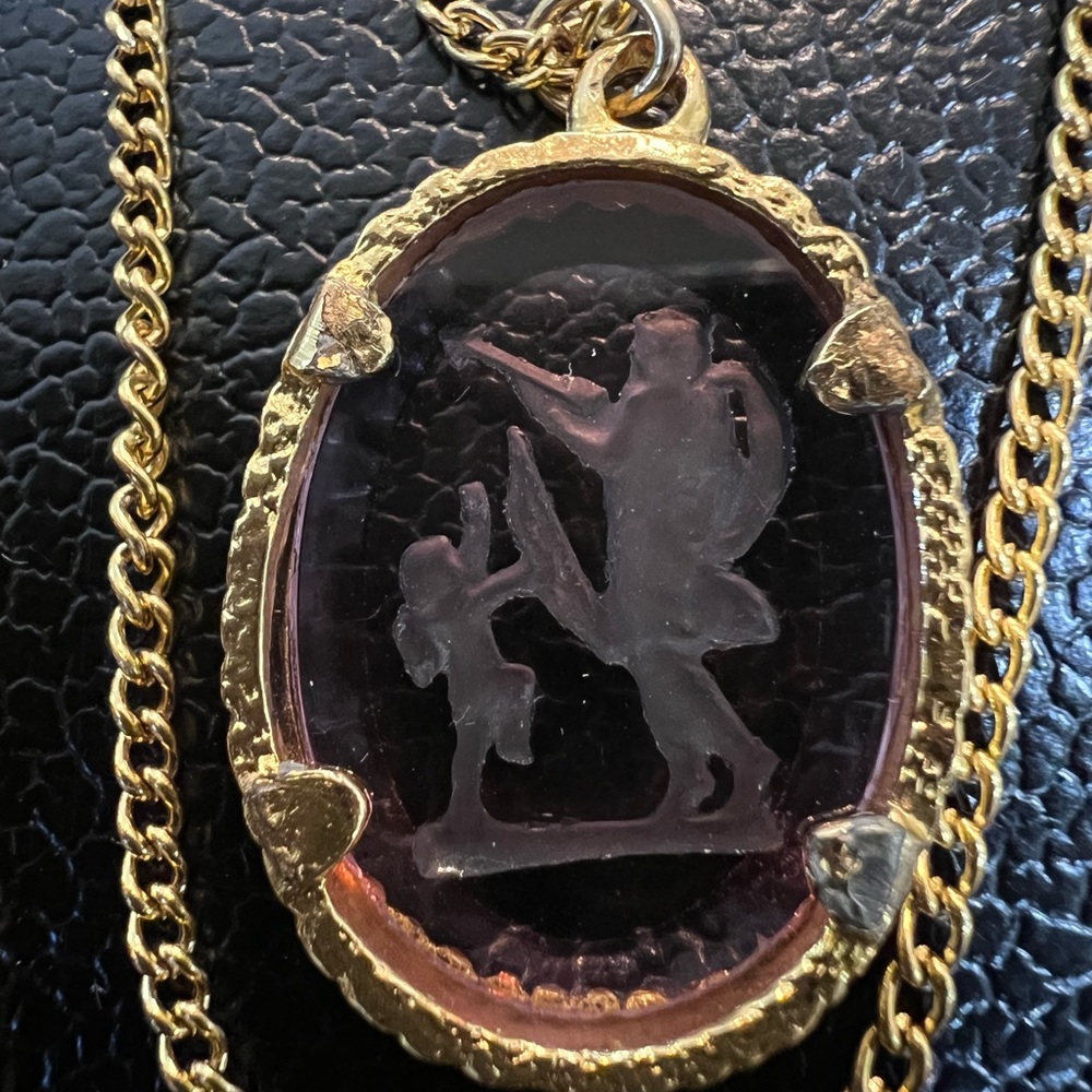 Goldette Intaglio Necklace Cupid Apollo Glass Pendant Multi Strand Gold Tone Vtg